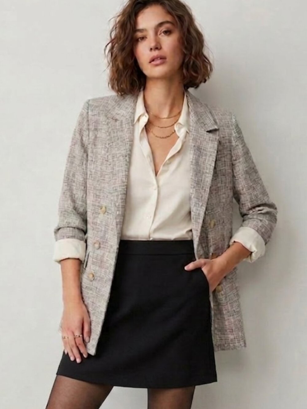 FREE PEOPLE Olivia Plaid Blazer double breasted Tie Waist Coat Jacket M oversize